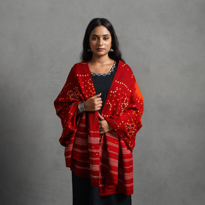 Red - Kutch Mirror Work Handwoven Bandhani Bagida Woolen Shawl 05