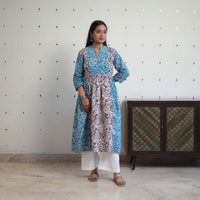 Blue - Cotton Flared Batik Print Kurta 09