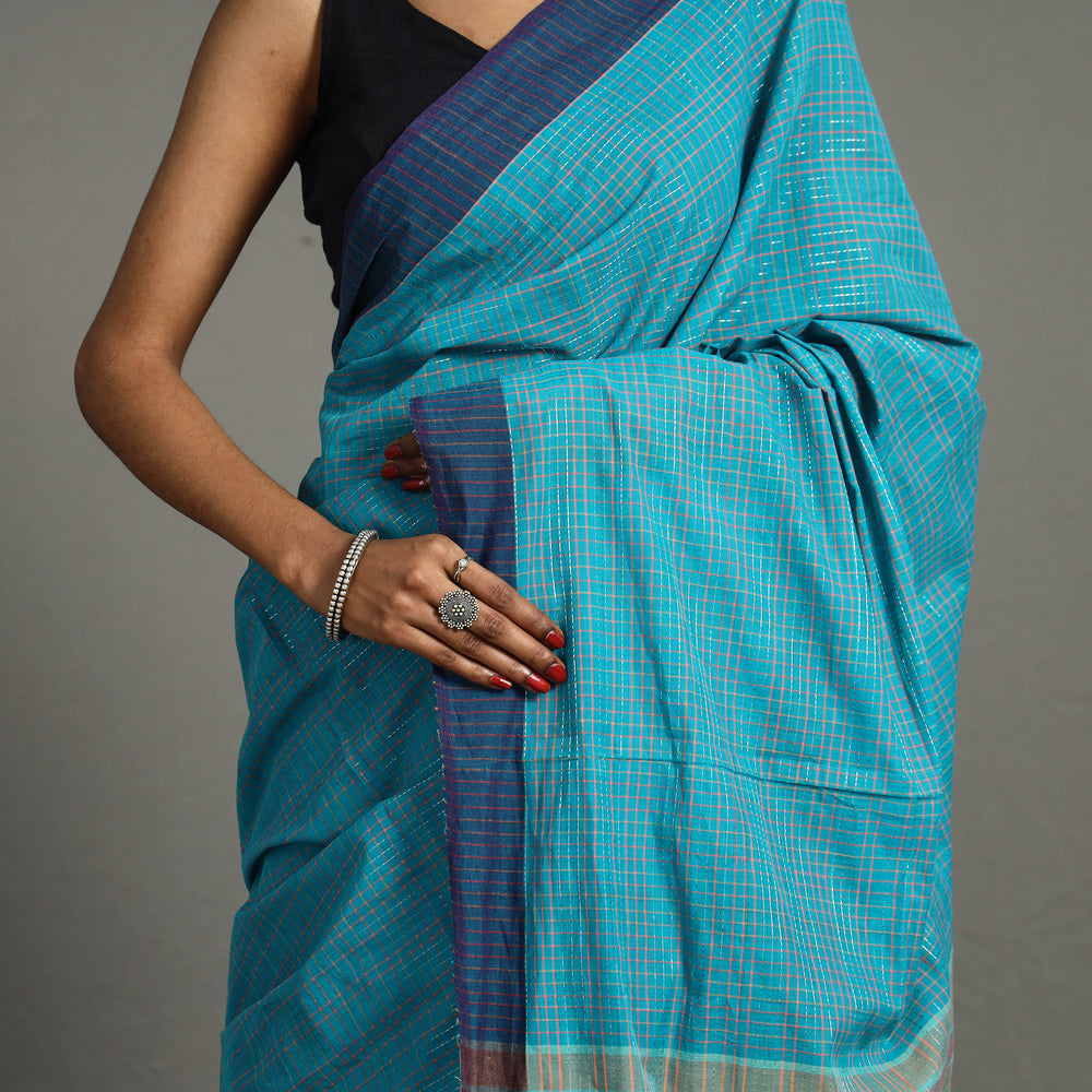 Blue - Bazaar Checks Cotton Handloom Saree 44