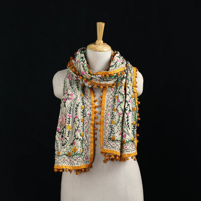 Ranihati Chanderi Silk Hand Embroidered Stole with Pom Pom 205