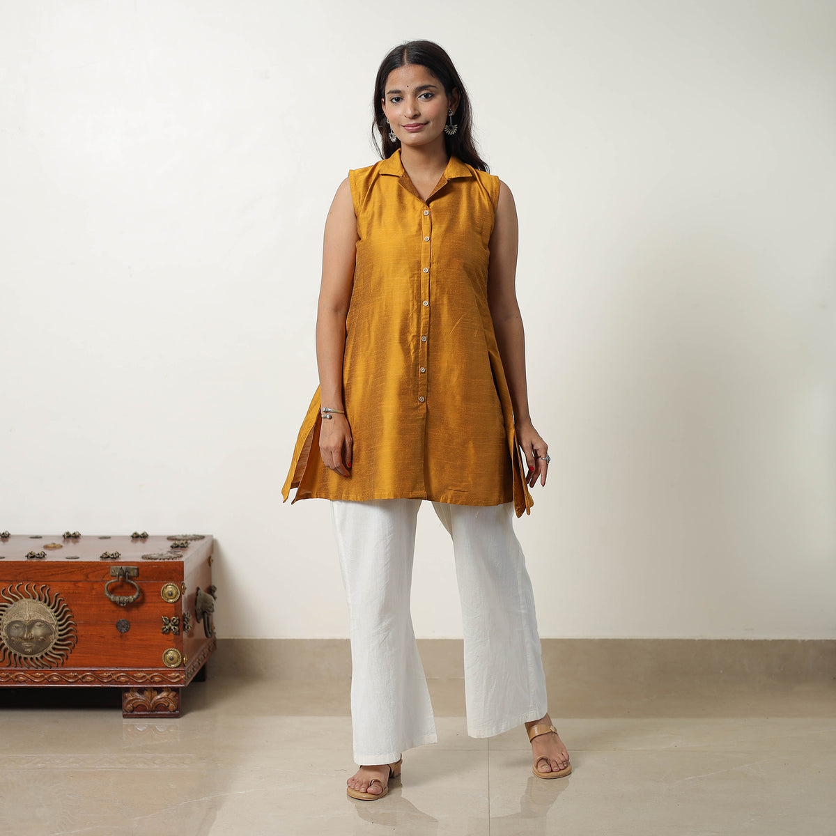 Rosie Yellow Slub Silk Short Plain Kurta