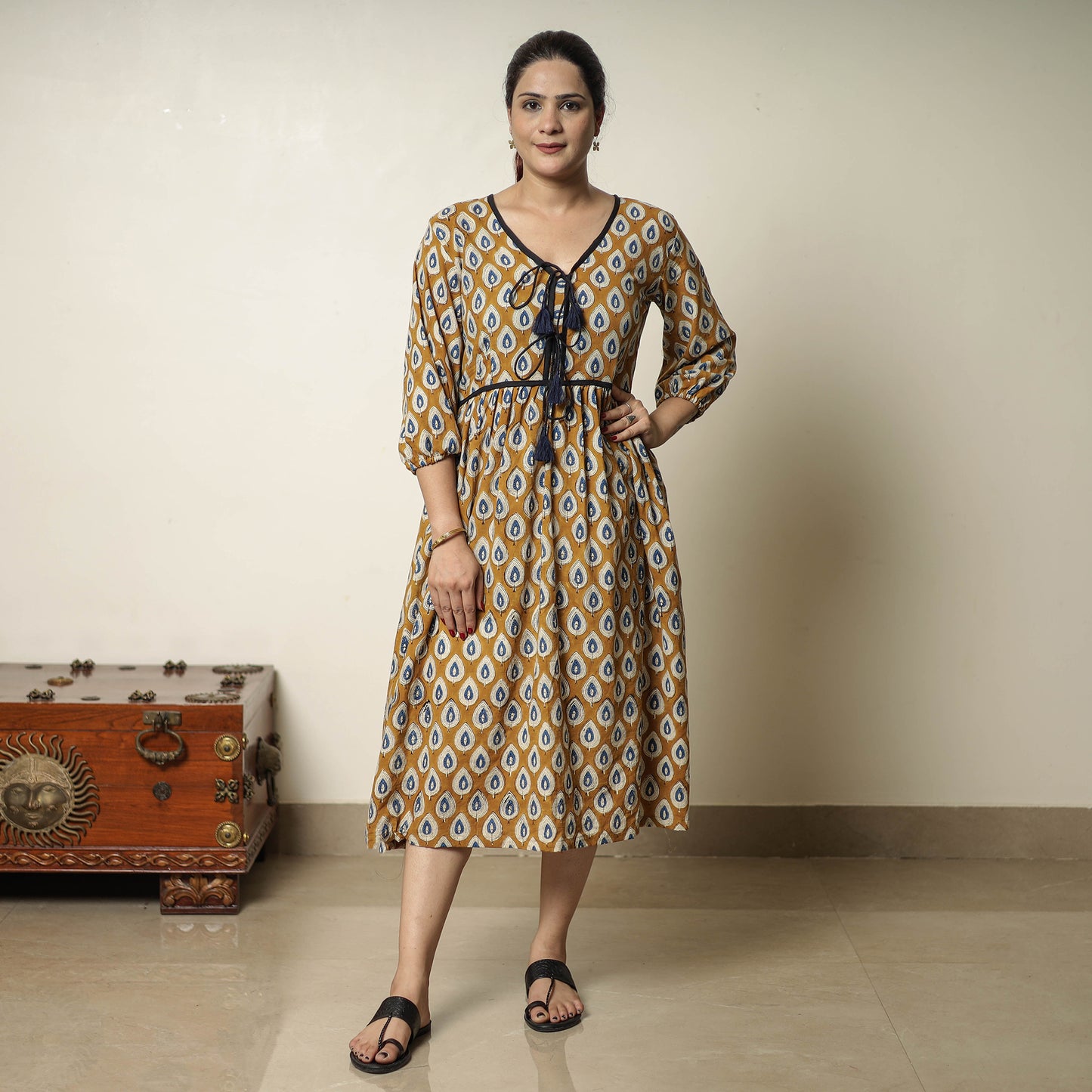 Brown - Bagru Block Printed Cotton Flared Dress 19