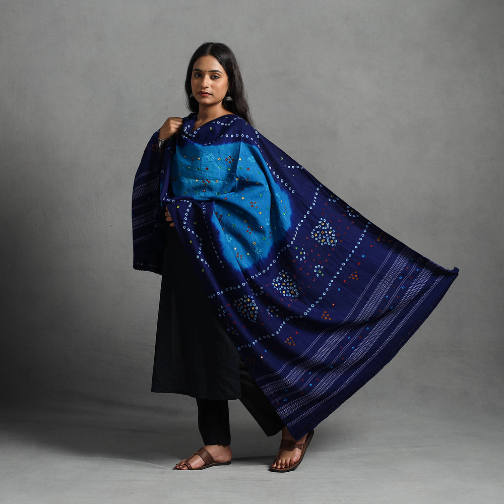 Blue - Kutch Mirror Work Handwoven Bandhani Bagida Woolen Shawl 06