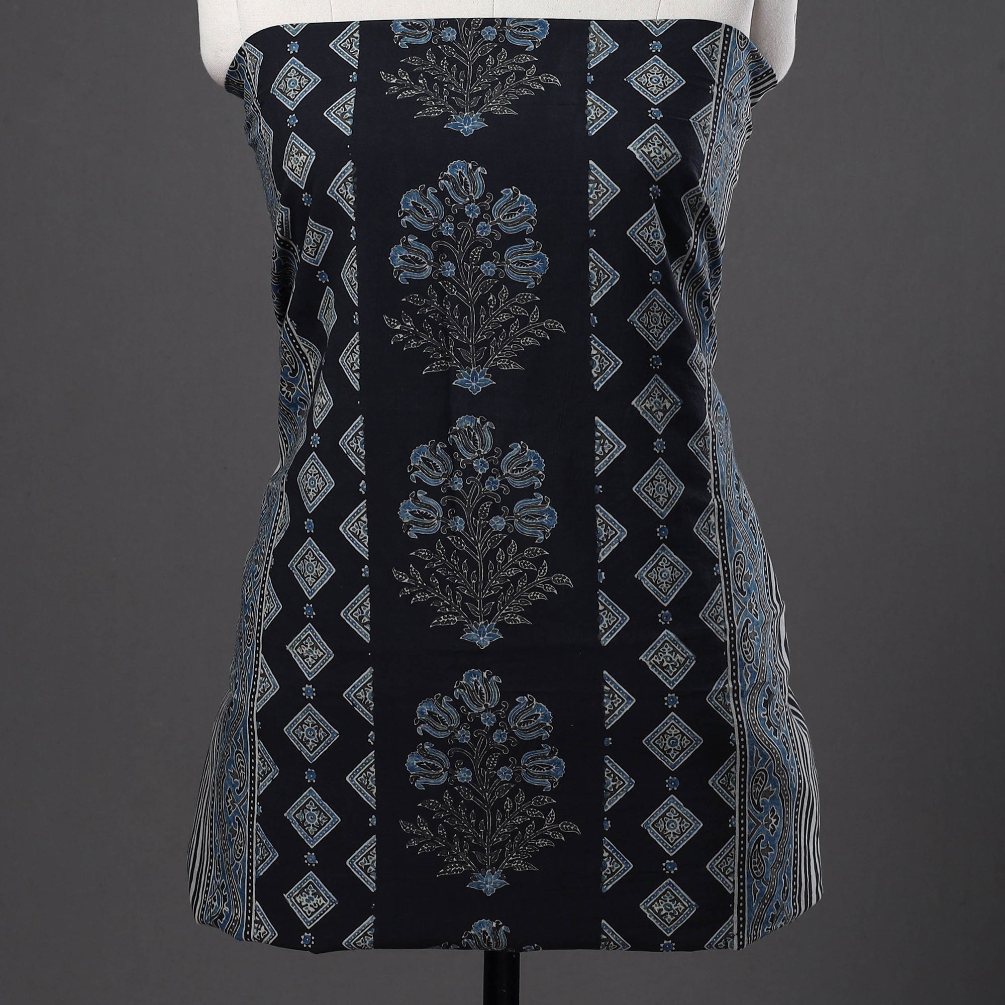 Black - Pedana Kalamkari Hand Block Print Natural Dyed Cotton 2pc Unstitched Dress Material with Jewellery Set 21