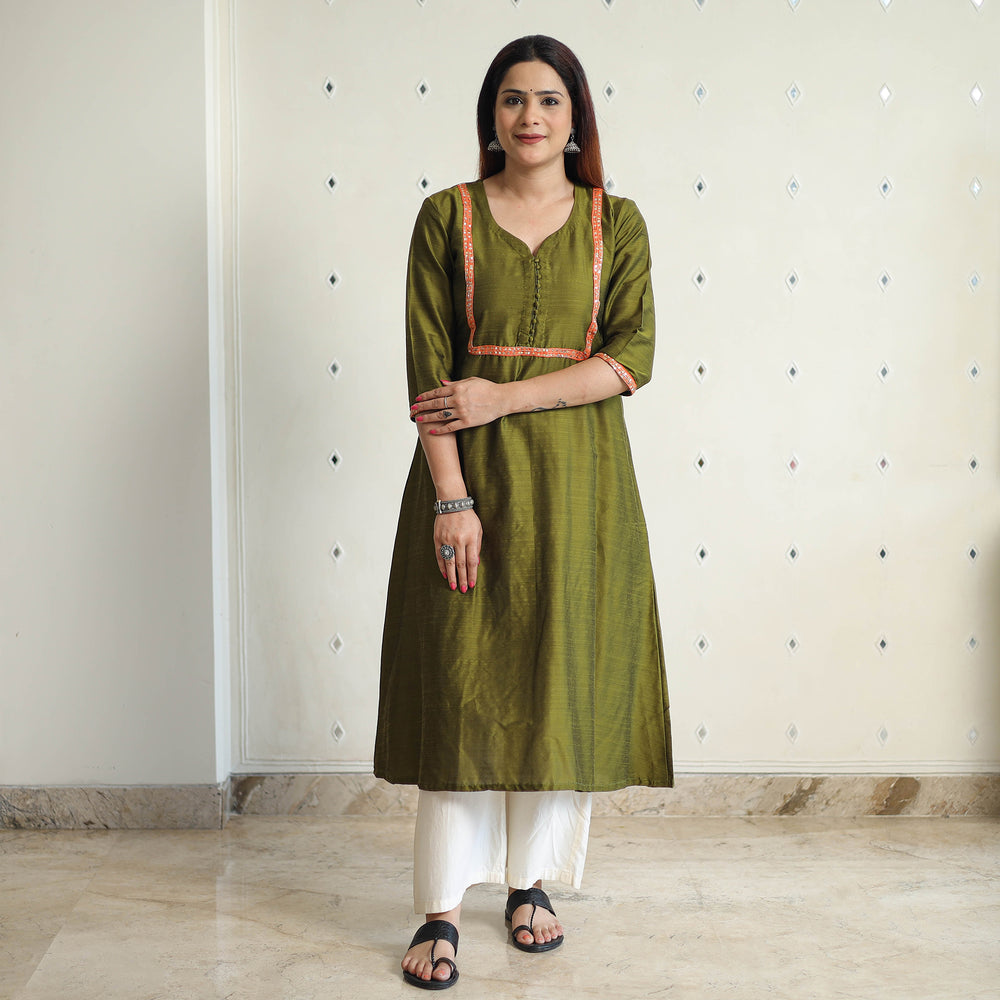 Olive Green - Plain Solid Slub Silk Kurta with Beadwork Hand Embroidery Lace 01