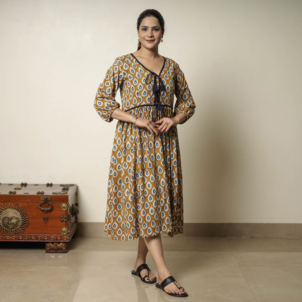 Brown - Bagru Block Printed Cotton Flared Dress 19