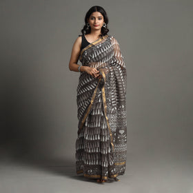 Brown - Bagru Block Printed Kota Doria Cotton Zari Border Saree