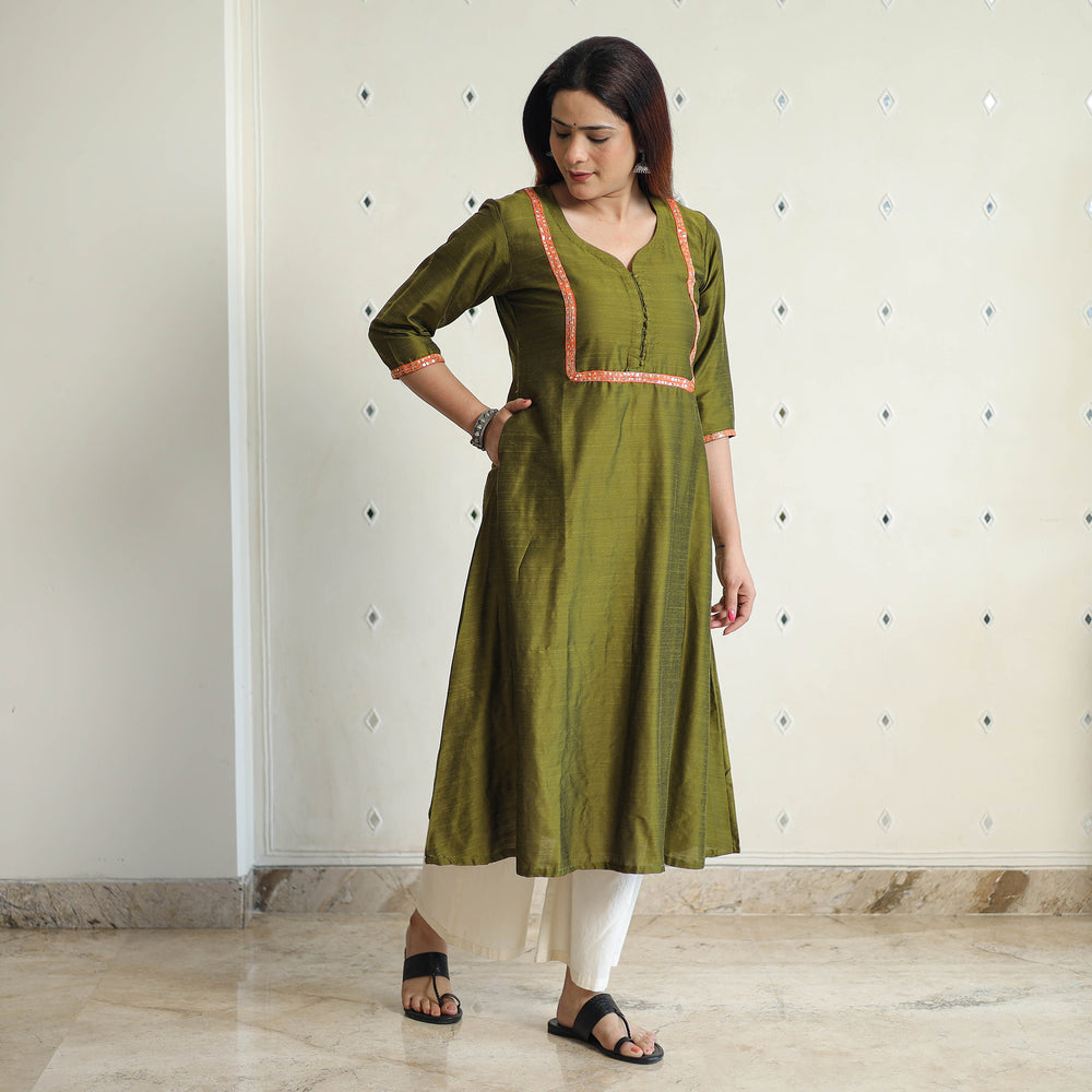 Olive Green - Plain Solid Slub Silk Kurta with Beadwork Hand Embroidery Lace 01