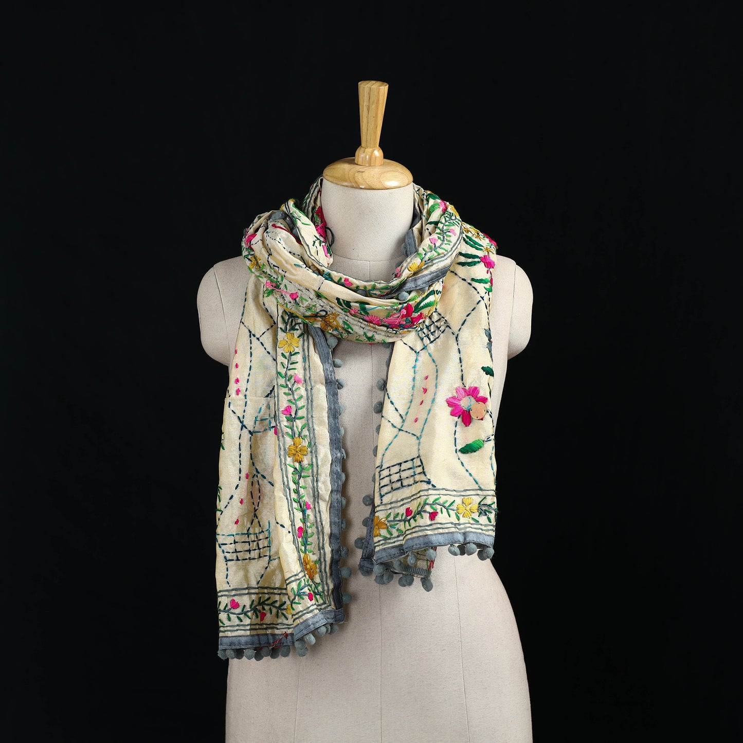 Ranihati Chanderi Silk Hand Embroidered Stole with Pom Pom 206