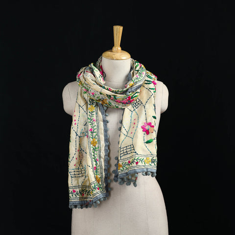 Ranihati Chanderi Silk Hand Embroidered Stole with Pom Pom 206