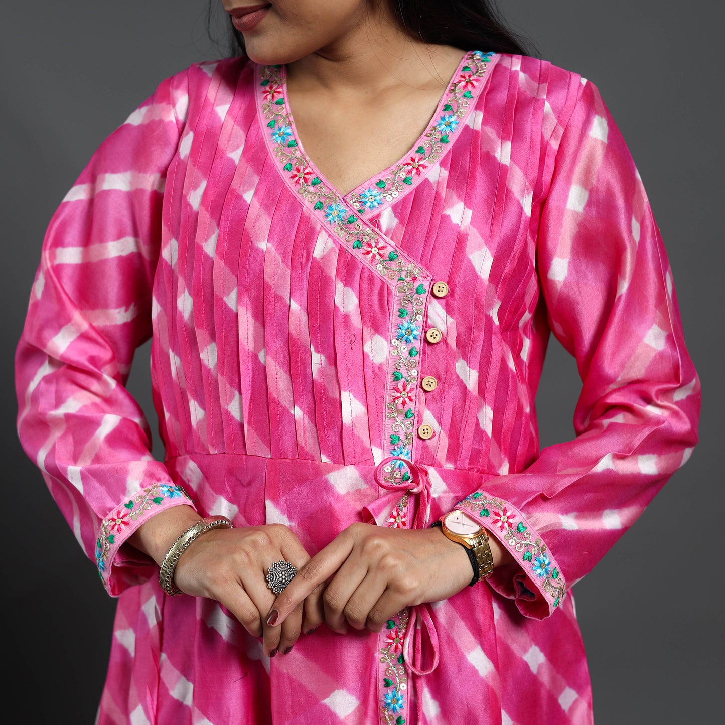 Chanderi Silk A-Line Lacework Tie-Dye Leheriya Kurta 14