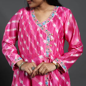 Pink - chanderi silk a-line lacework tie-dye leheriya kurta