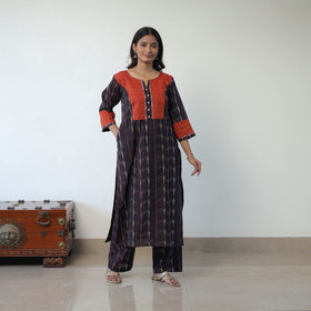 Black Handloom Cotton Pochampally Ikat Kurta Set with Dupatta