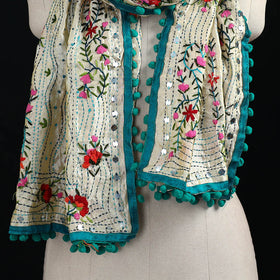 Ranihati Chanderi Silk Hand Embroidered Stole with Pom Pom 207
