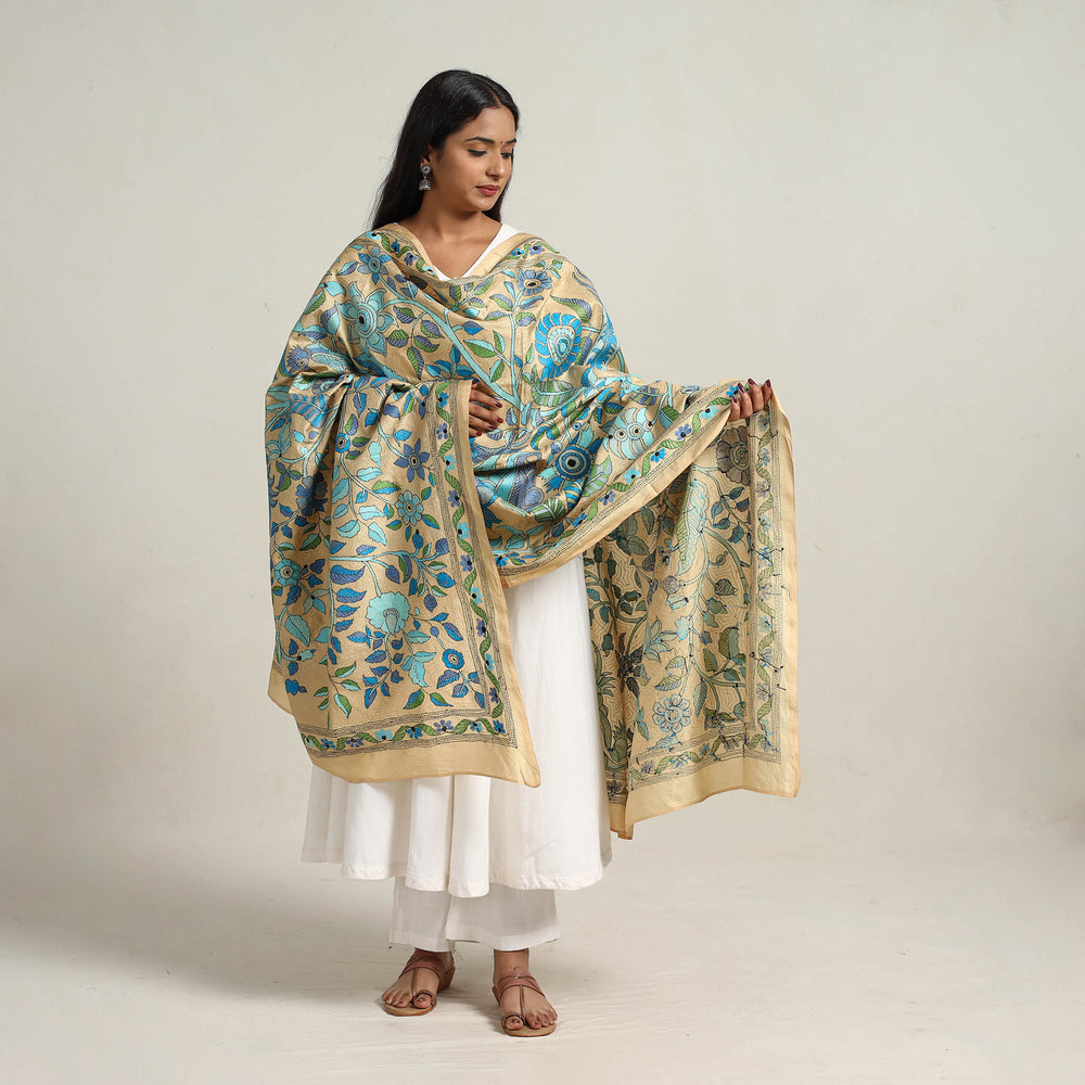 Beige - Bengal Handloom Silk Kantha Embroidery Dupatta 16