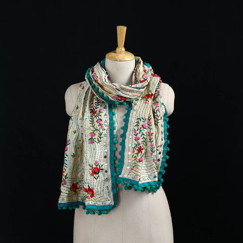 Ranihati Chanderi Silk Hand Embroidered Stole with Pom Pom 207