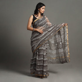 Brown - Bagru Block Printed Kota Doria Cotton Zari Border Saree