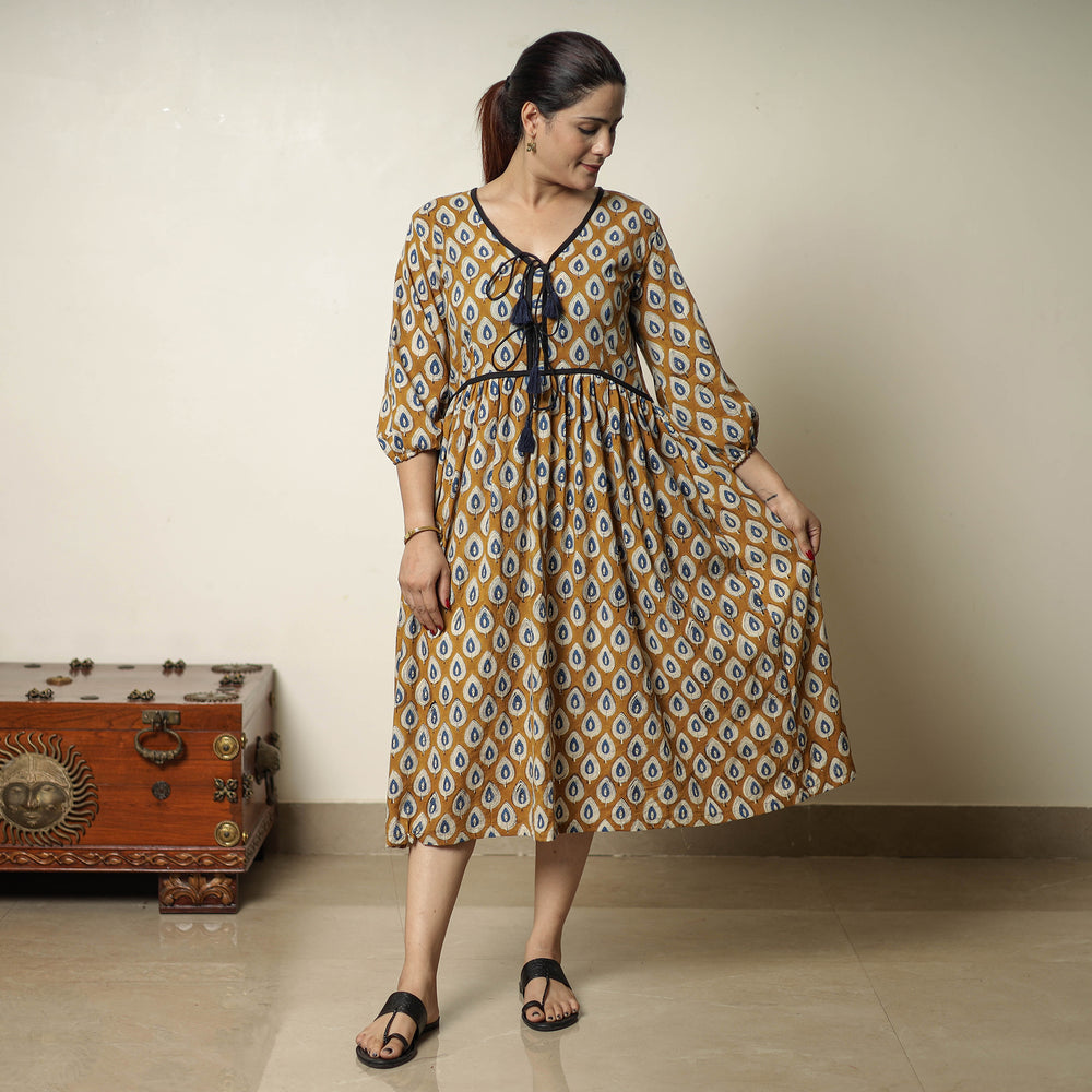 Brown - Bagru Block Printed Cotton Flared Dress 19