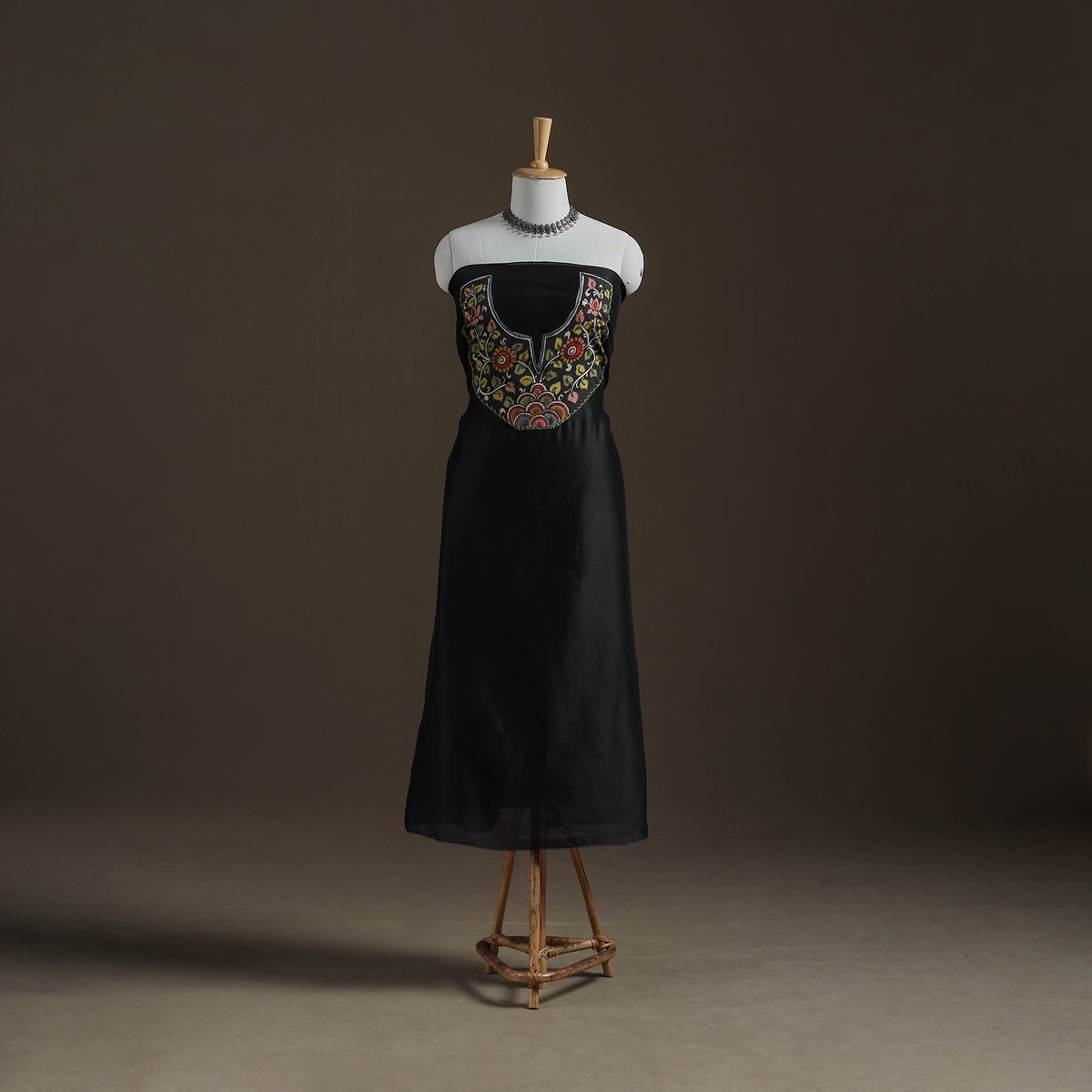 Black - Handpainted Srikalahasti Handloom Chanderi Silk Unstitched Kurta (2.3M) 17