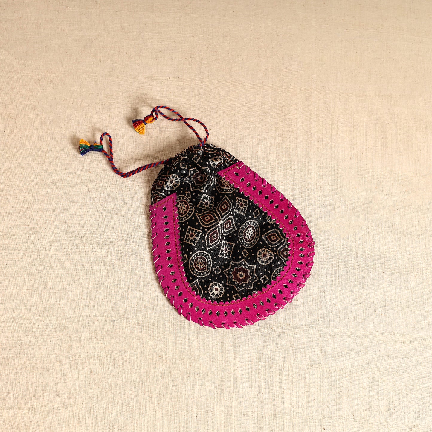 Traditional Kutch Mashru Silk Leather Drawstring Coin Potli 01
