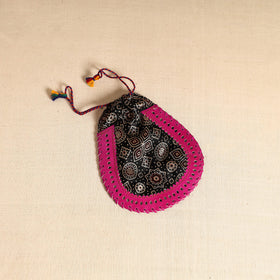 Traditional Kutch Mashru Silk Leather Drawstring Coin Potli 01