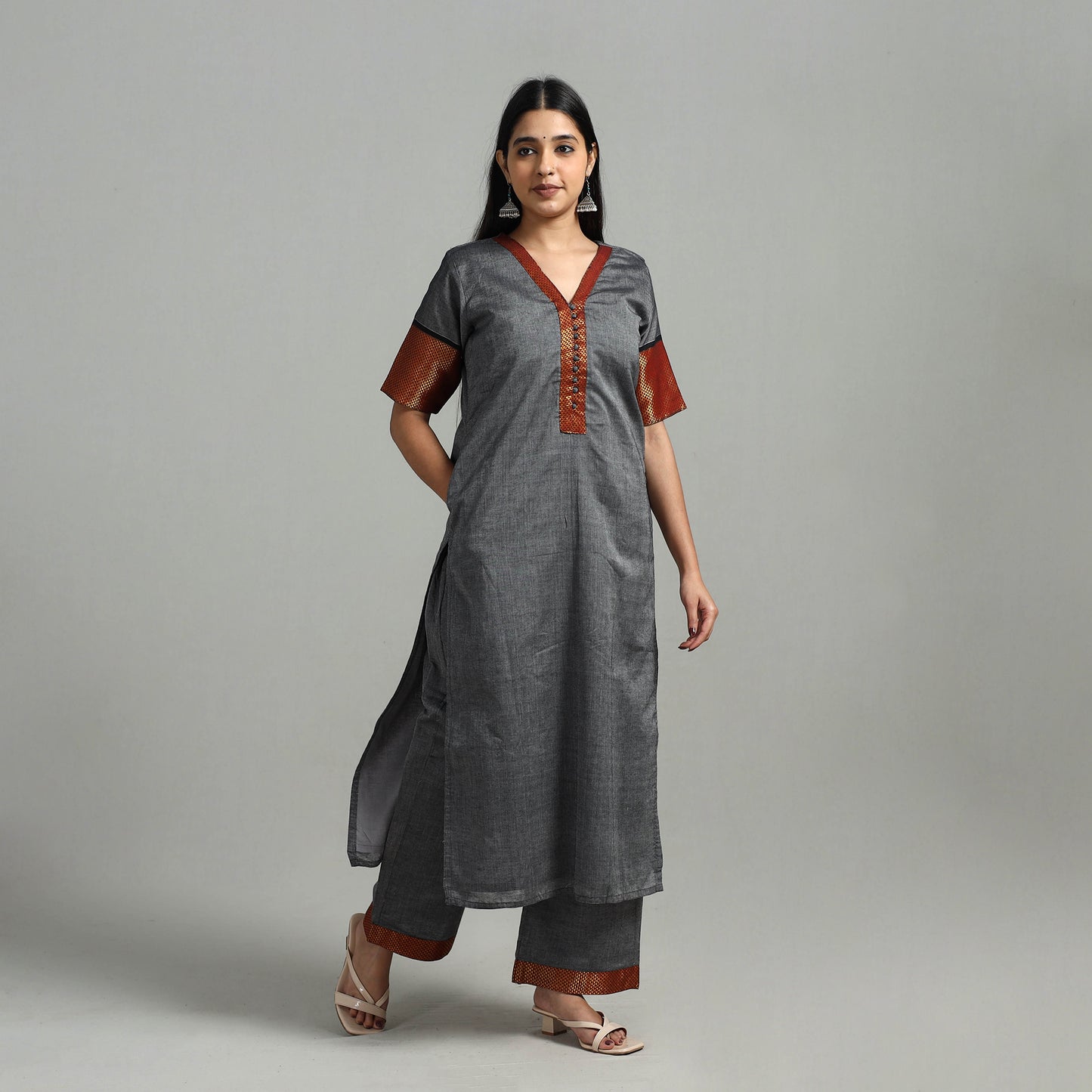 Grey - Cotton Dharwad Kurta Set with Palazzo & Dupatta 14