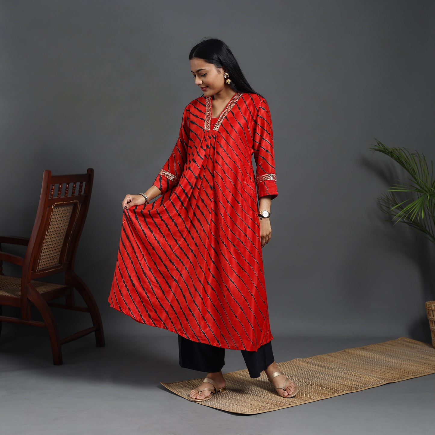 Chanderi Silk A-Line Lacework Tie-Dye Leheriya Kurta 08