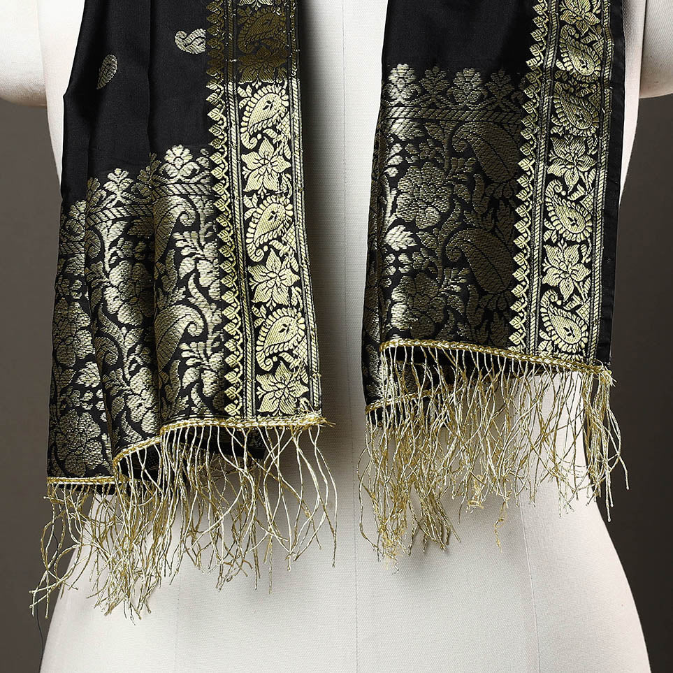 Black - Brocade Handloom Silk Nakshi Buti Banarasi Stole with Tassels 28