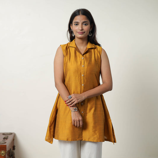 Rosie Yellow Slub Silk Short Plain Kurta