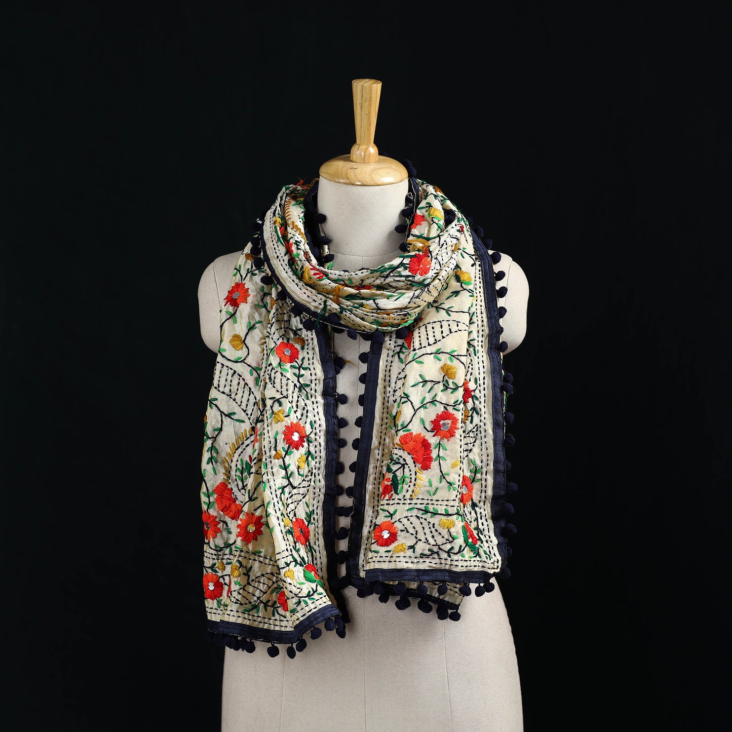 Ranihati Chanderi Silk Hand Embroidered Stole with Pom Pom 208