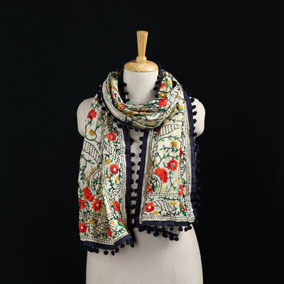 Ranihati Chanderi Silk Hand Embroidered Stole with Pom Pom 208