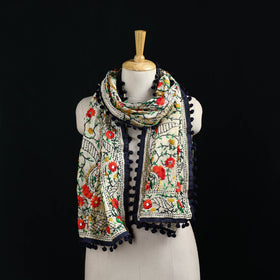 Ranihati Chanderi Silk Hand Embroidered Stole with Pom Pom 208