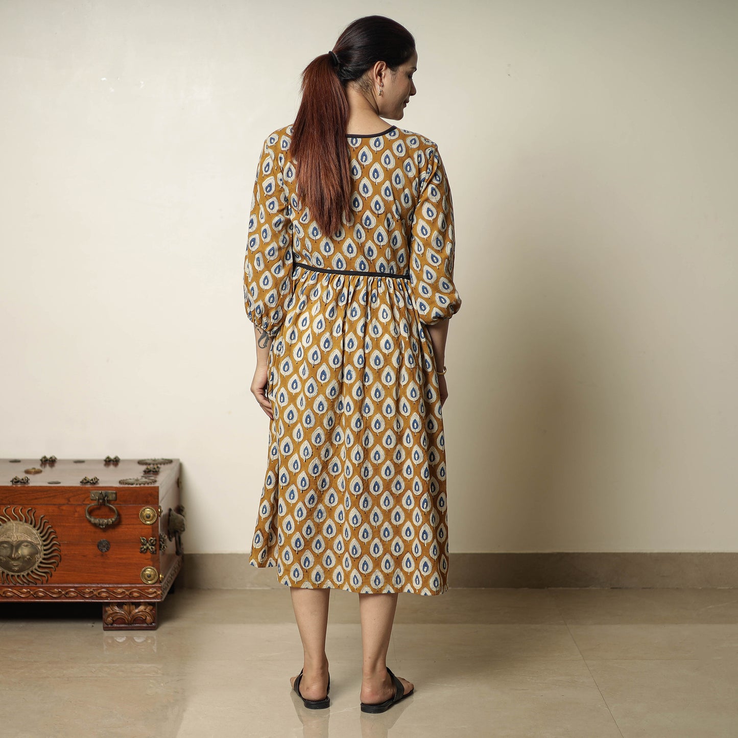 Brown - Bagru Block Printed Cotton Flared Dress 19