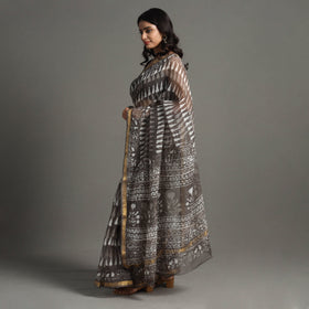 Brown - Bagru Block Printed Kota Doria Cotton Zari Border Saree