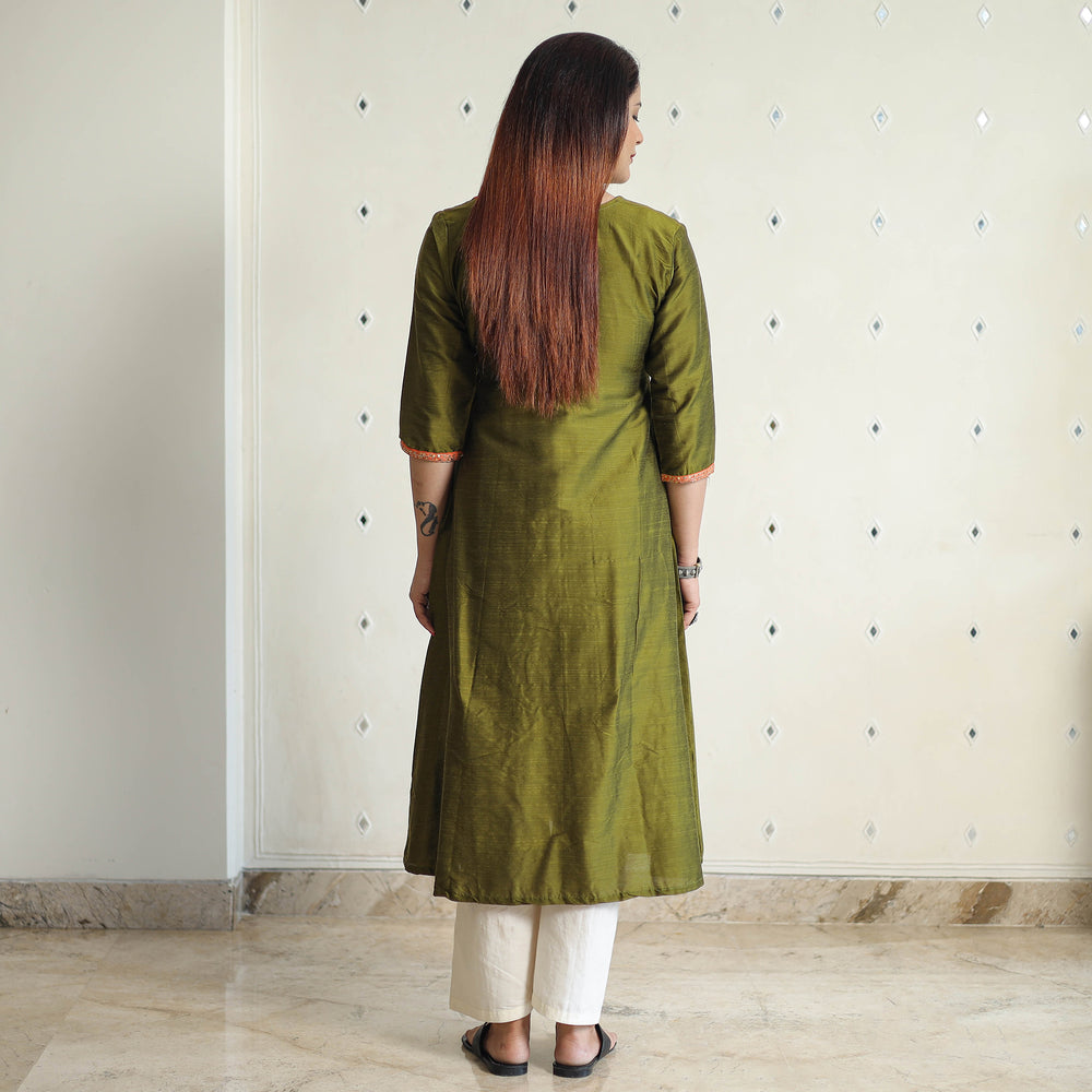 Olive Green - Plain Solid Slub Silk Kurta with Beadwork Hand Embroidery Lace 01