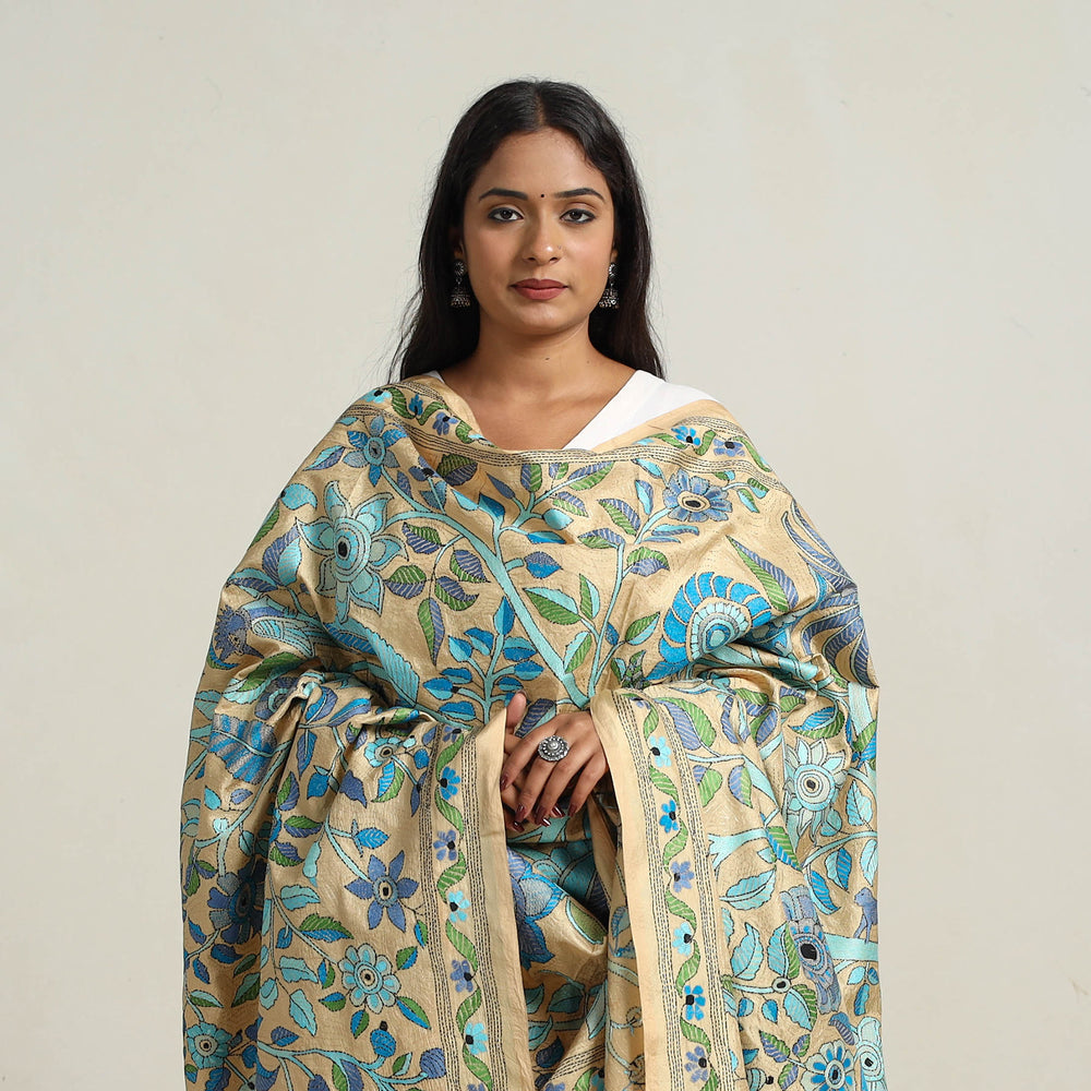 Beige - Bengal Handloom Silk Kantha Embroidery Dupatta 16