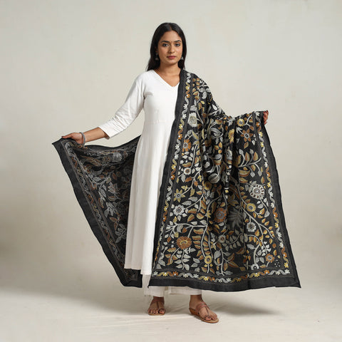 Black - Bengal Handloom Silk Kantha Embroidery Dupatta 17