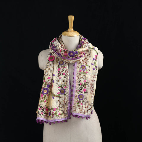 Ranihati Chanderi Silk Hand Embroidered Stole with Pom Pom 209