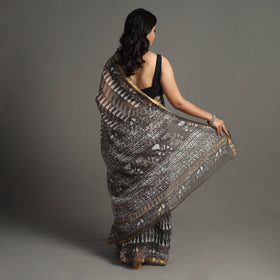 Brown - Bagru Block Printed Kota Doria Cotton Zari Border Saree
