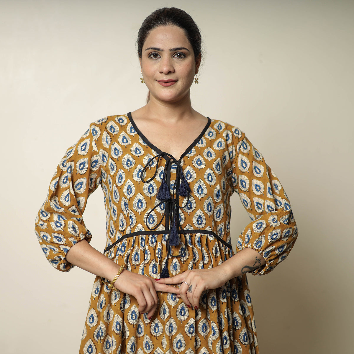 Brown - Bagru Block Printed Cotton Flared Dress 19