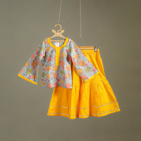 Girls Gota Work Floral Block Print Cotton Kurta with Sharara Set (3-4 Years) 31