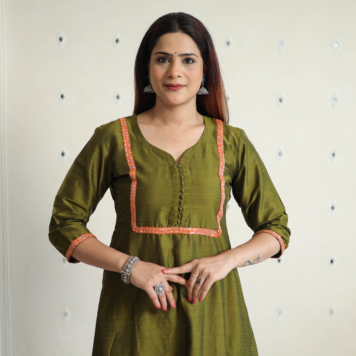 Olive Green - Plain Solid Slub Silk Kurta with Beadwork Hand Embroidery Lace 01