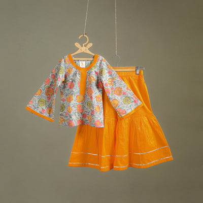 Girls gota work floral block print cotton kurta