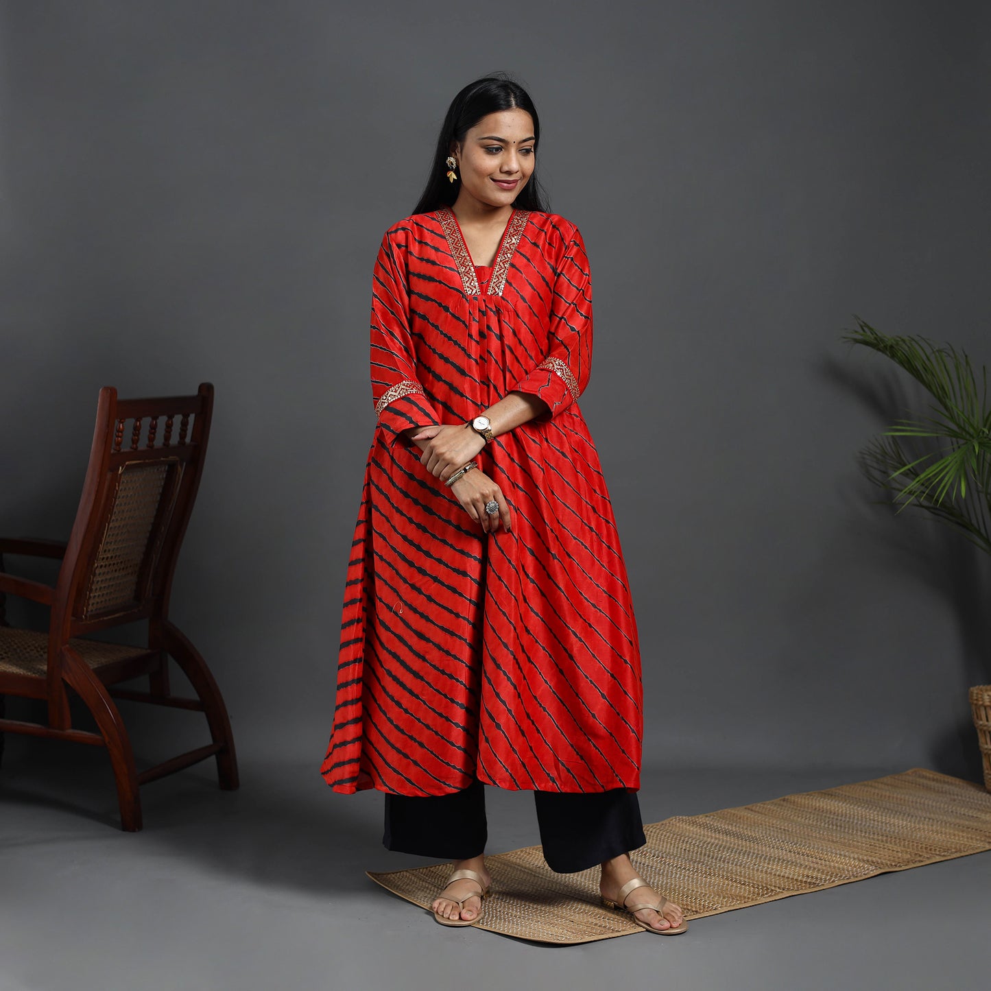 Chanderi Silk A-Line Lacework Tie-Dye Leheriya Kurta 08