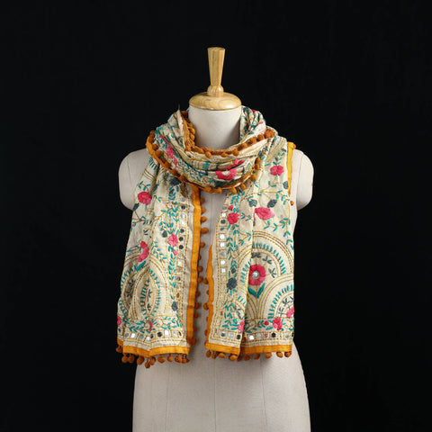 Ranihati Chanderi Silk Hand Embroidered Stole with Pom Pom 210
