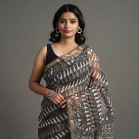 Brown - Bagru Block Printed Kota Doria Cotton Zari Border Saree