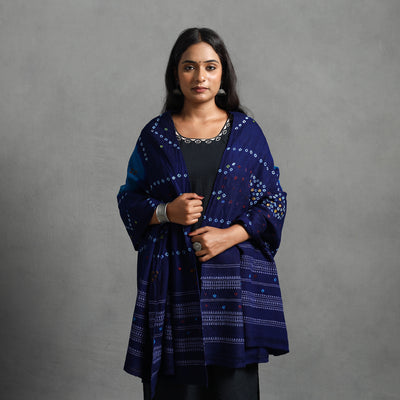 Blue - Kutch Mirror Work Handwoven Bandhani Bagida Woolen Shawl 06