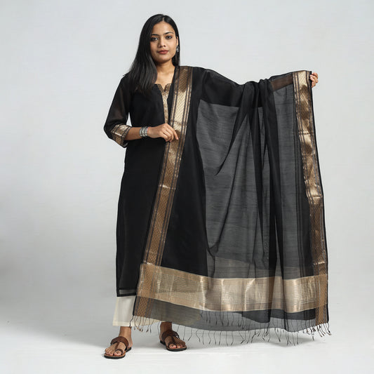 Black - Traditional Maheshwari Handloom Silk Cotton Zari Work Kurta with Dupatta Set