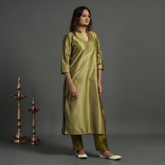 Mehendi Green - Elegant Banarasi Brocade Silk Kurta with Pant Set