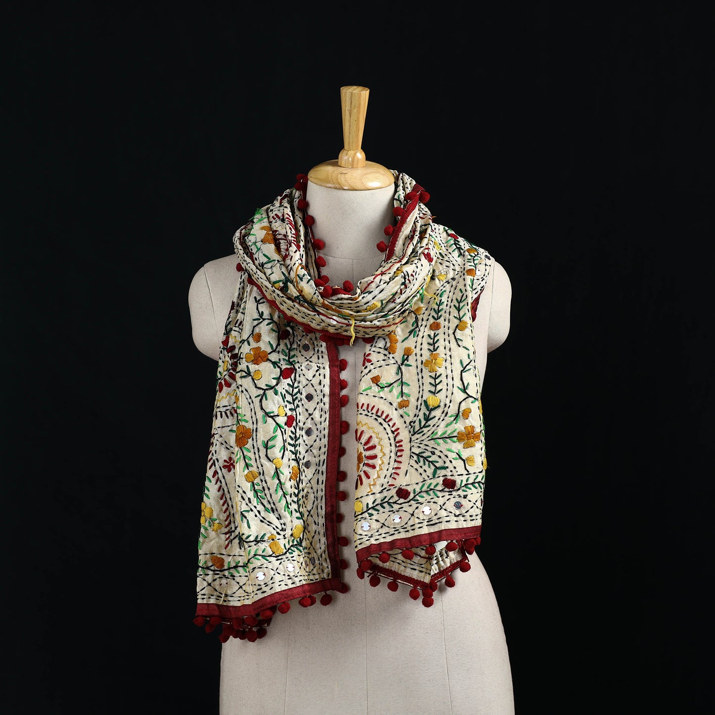 Ranihati Chanderi Silk Hand Embroidered Stole with Pom Pom 246